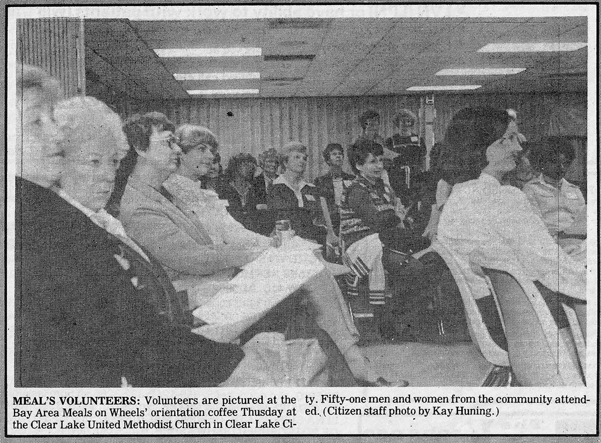 Community members at the initial organizational meeting for Bay Area Meals on Wheels at Clear Lake United Methodist Church, 1982