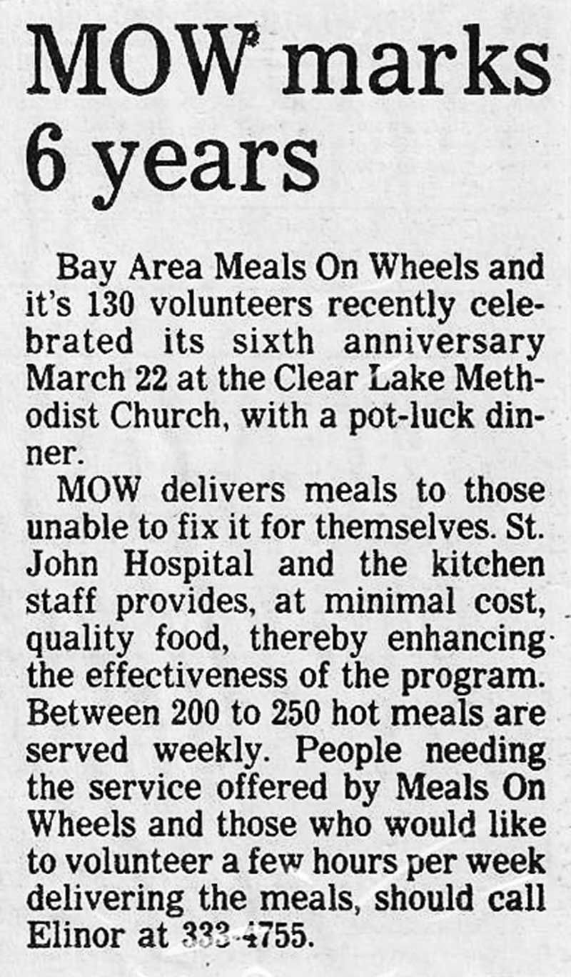 BAMOW 5th Anniversary celebration at Clear Lake United Methodist Church, March 1988