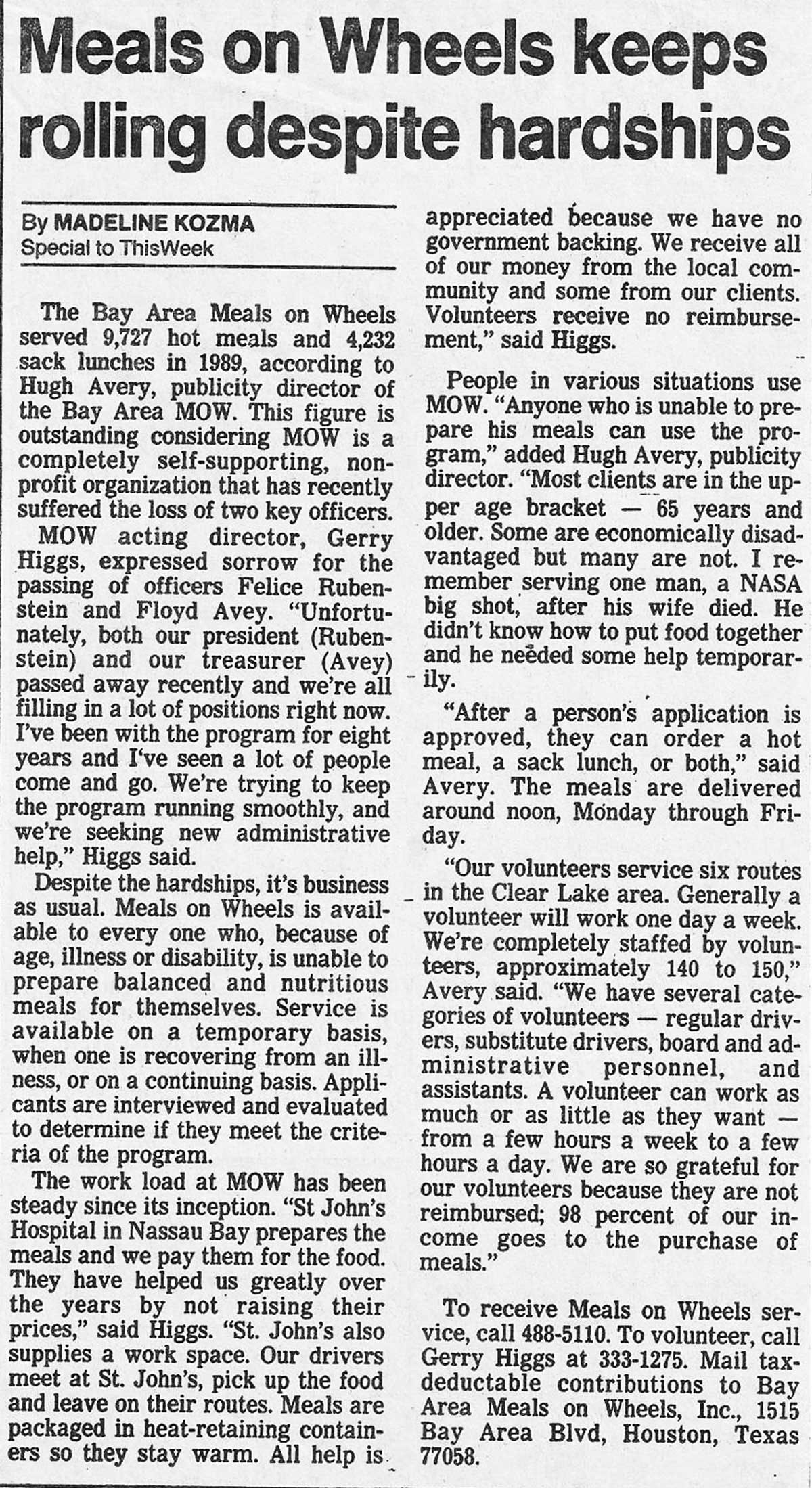 Article in ThisWeek magazine recognizing BAMOW's continued service during economic hardship, 1990