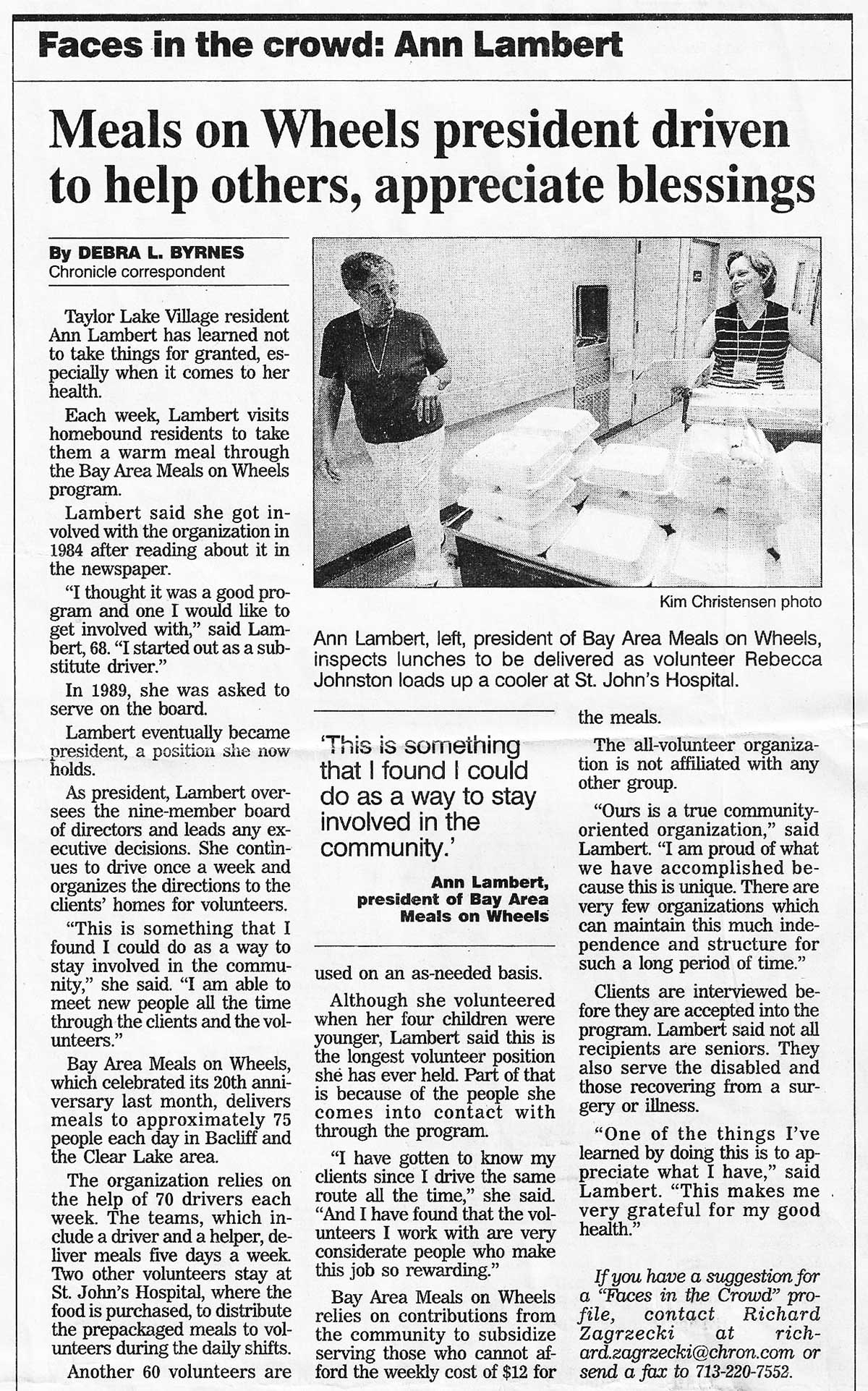 Newspaper feature on BAMOW's 20th Anniversary and the organization's president, Ann Lambert, 2002