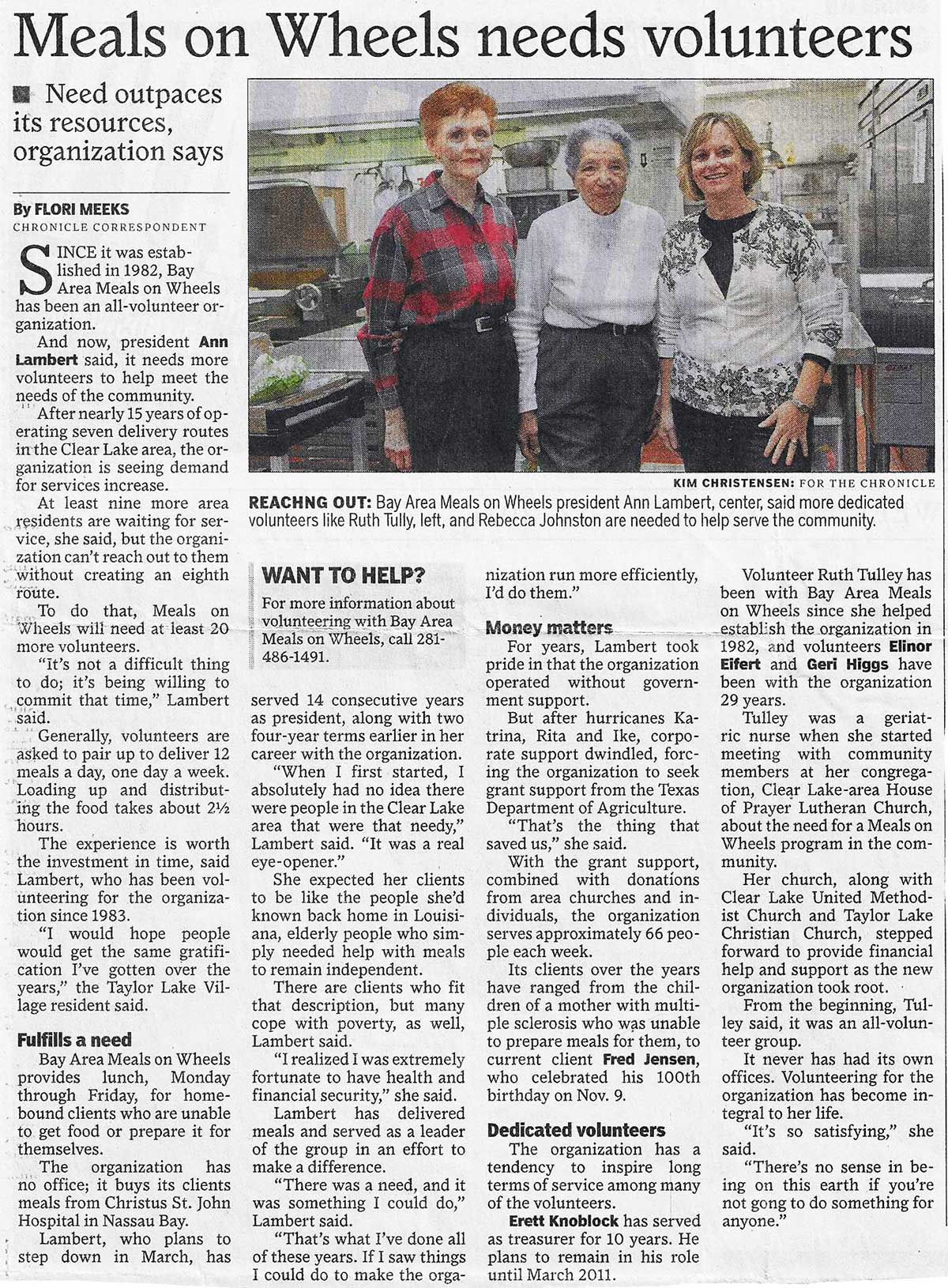 Newspaper article about the need for BAMOW volunteers, featuring longtime leaders Ann Lambert and Ruth Tully, 2011