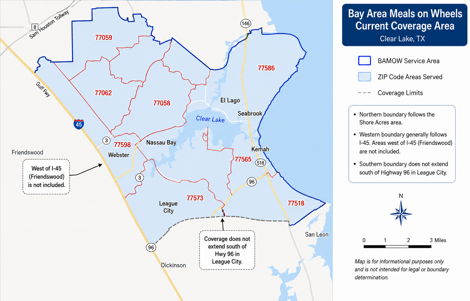 Map of the Bay Area Meals on Wheels service area covering the Clear Lake and surrounding communities in Harris County